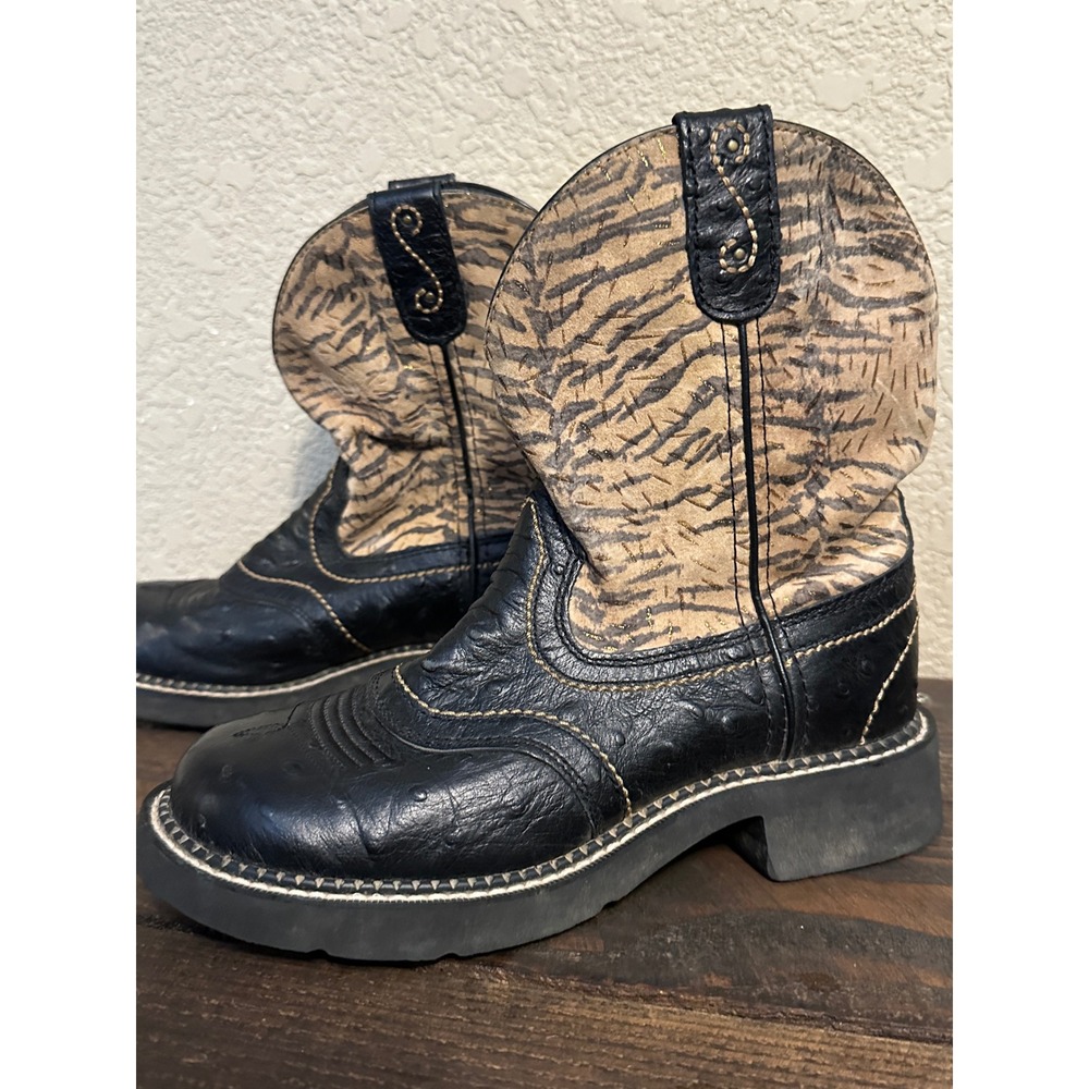 Justin Gypsy Women Black Ostrich Tiger Stripe Western Boots L9806 6.5B Work Farm
